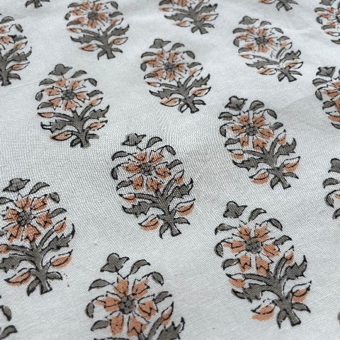 neutral peach and greenish grey floral with stem block printed 100 percent cotton 18x18 square pillow cover