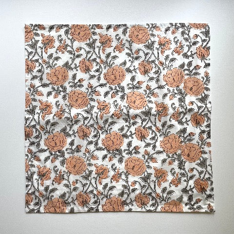 neutral peach and greenish grey roses with vines block printed 100 percent cotton 18x18 square pillow cover with insert