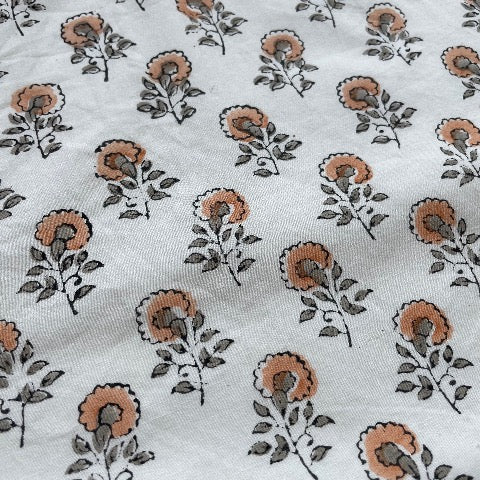 neutral peach and greenish grey floral buds block printed 100 percent cotton 18x18 square pillow cover