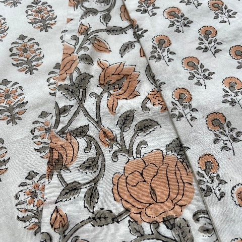 neutral peach and greenish grey roses with vines block printed 100 percent cotton 18x18 square pillow cover with insert