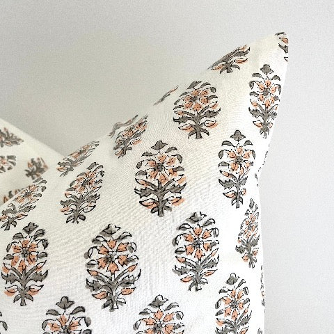neutral peach and greenish grey floral with stem block printed 100 percent cotton 18x18 square pillow cover