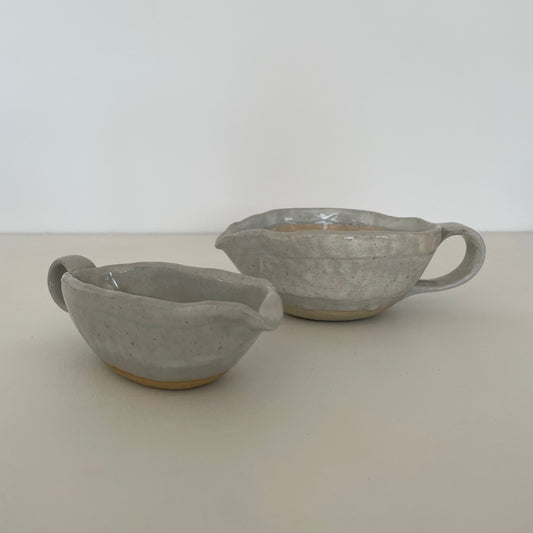 cream and grey gohonte handmade Japanese ceramic pottery small pitchers, syrup pourer, gravy boats in two sizes 