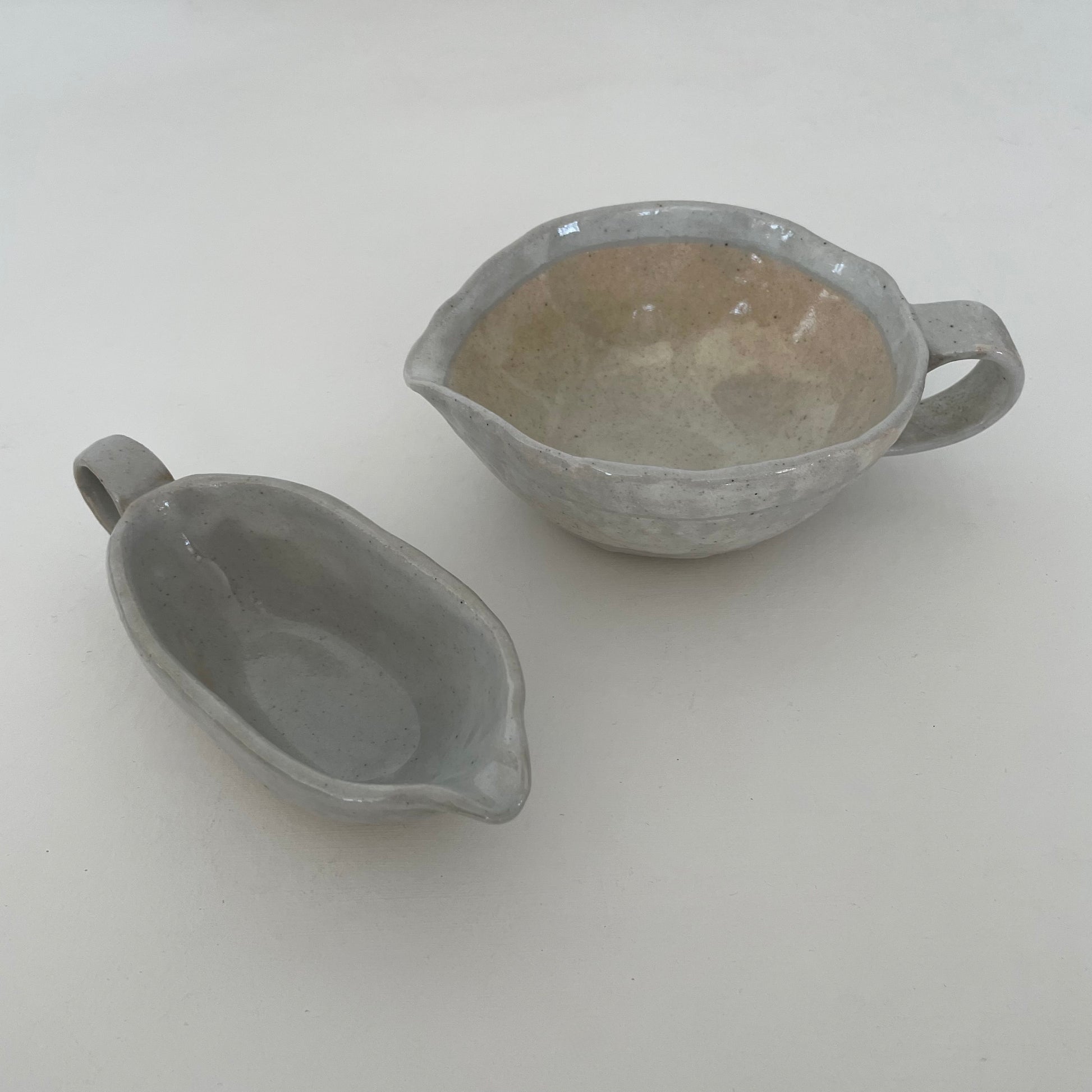 cream and grey gohonte handmade Japanese ceramic pottery small pitchers, syrup pourer, gravy boats in two sizes 