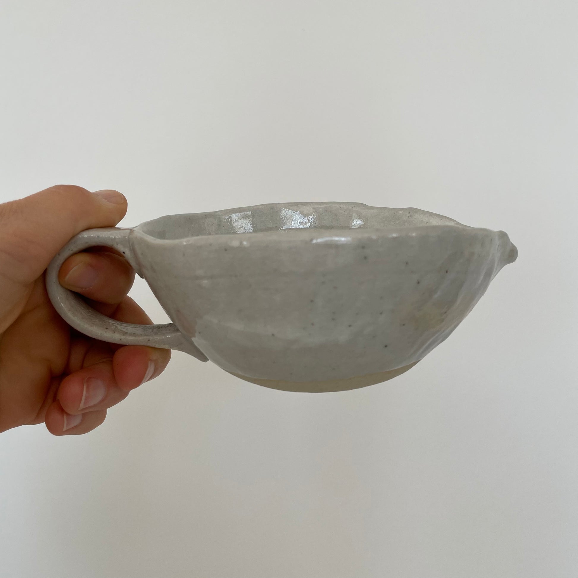 cream and grey gohonte handmade Japanese ceramic pottery small round pitcher, syrup pourer, gravy boat