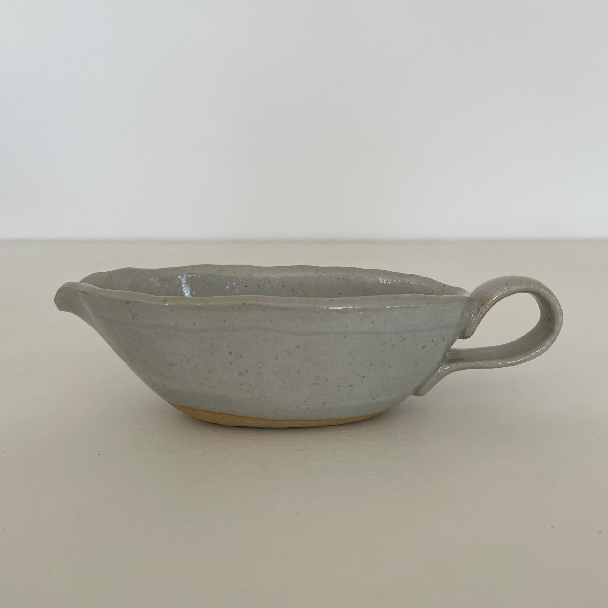 cream and grey gohonte handmade Japanese ceramic pottery small long pitcher, syrup pourer, gravy boat