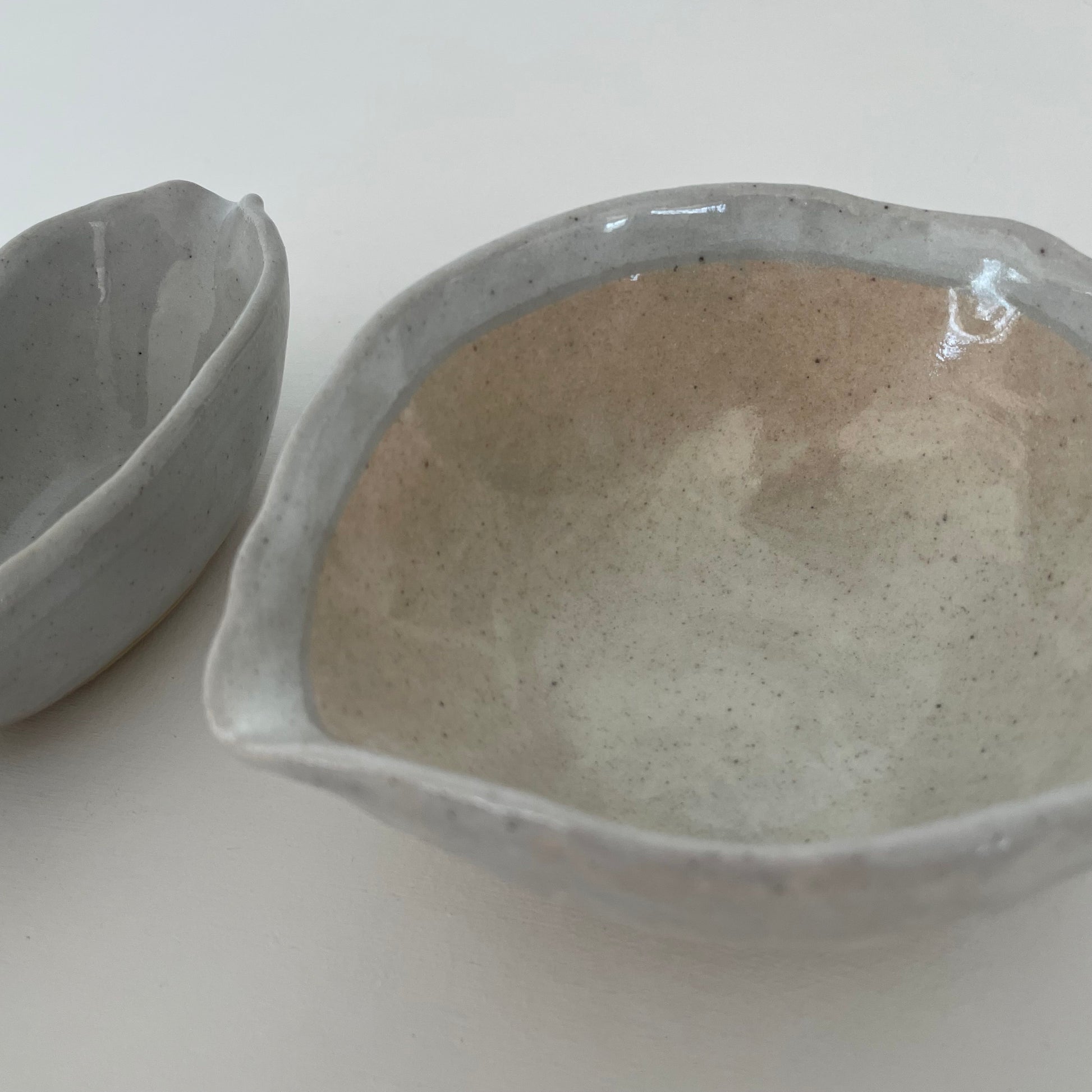 cream and grey gohonte handmade Japanese ceramic pottery small pitchers, syrup pourer, gravy boats in two sizes 
