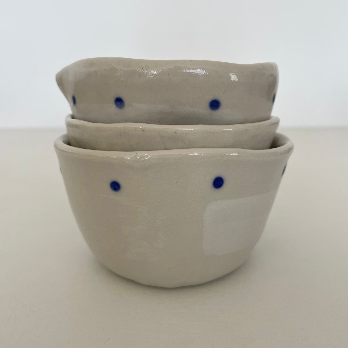 cream and blue dot handmade Japanese ceramic small mini pitcher, bowl, and cup