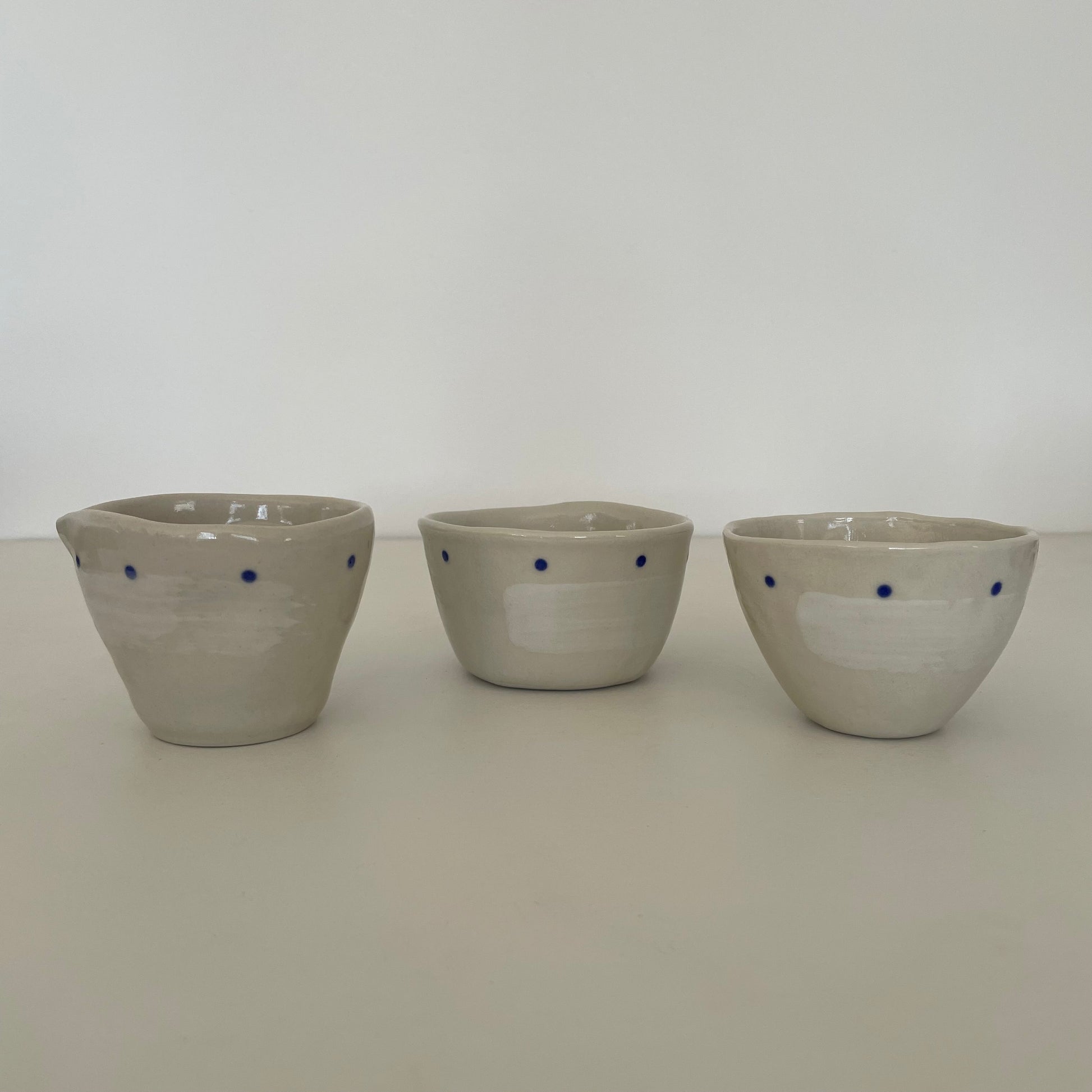 cream and blue dot handmade Japanese ceramic small mini pitcher, bowl, and cup