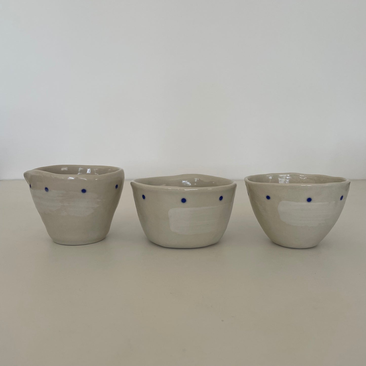 cream and blue dot handmade Japanese ceramic small mini pitcher, bowl, and cup