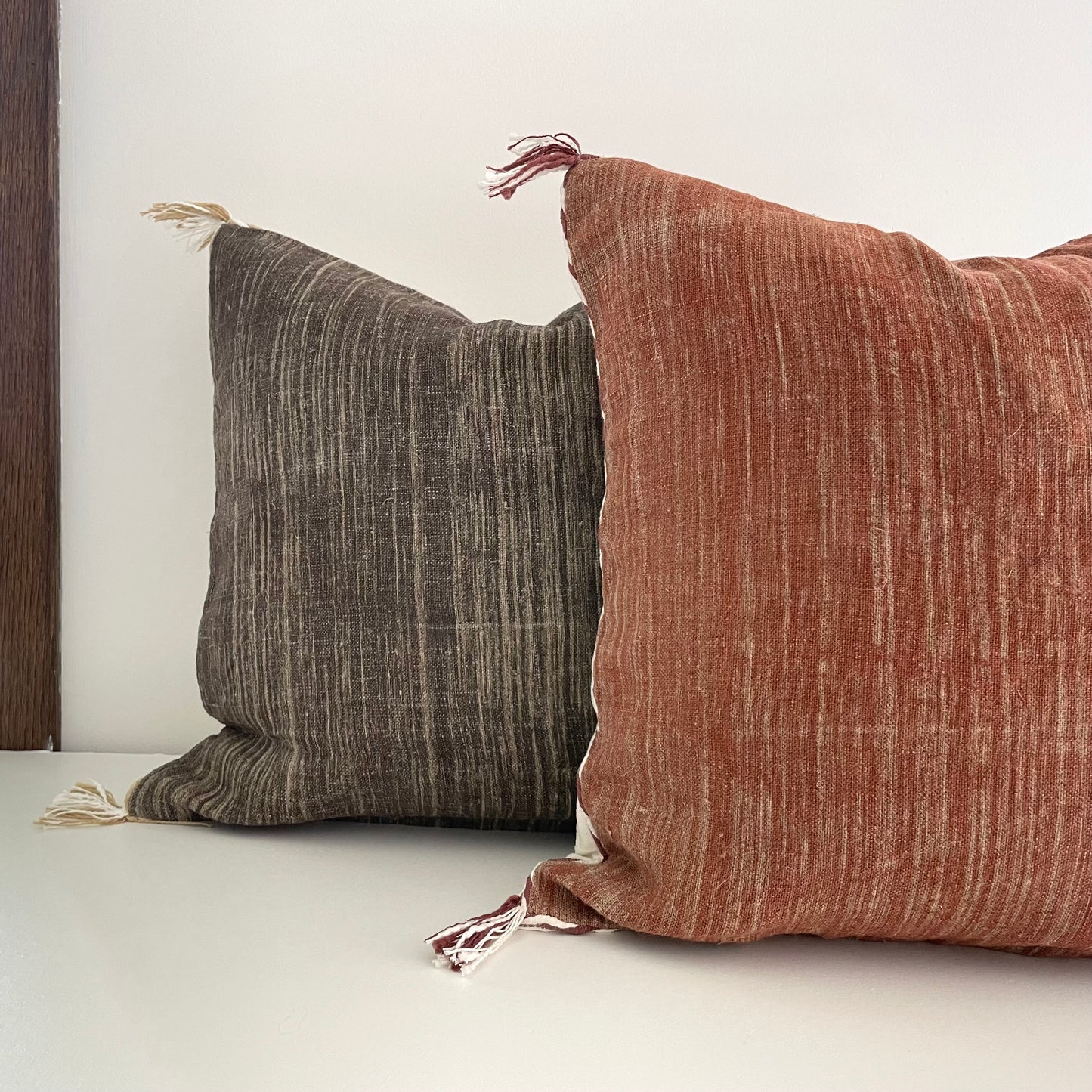 18x18 hand woven linen pillow cover with contrast edge - brown
