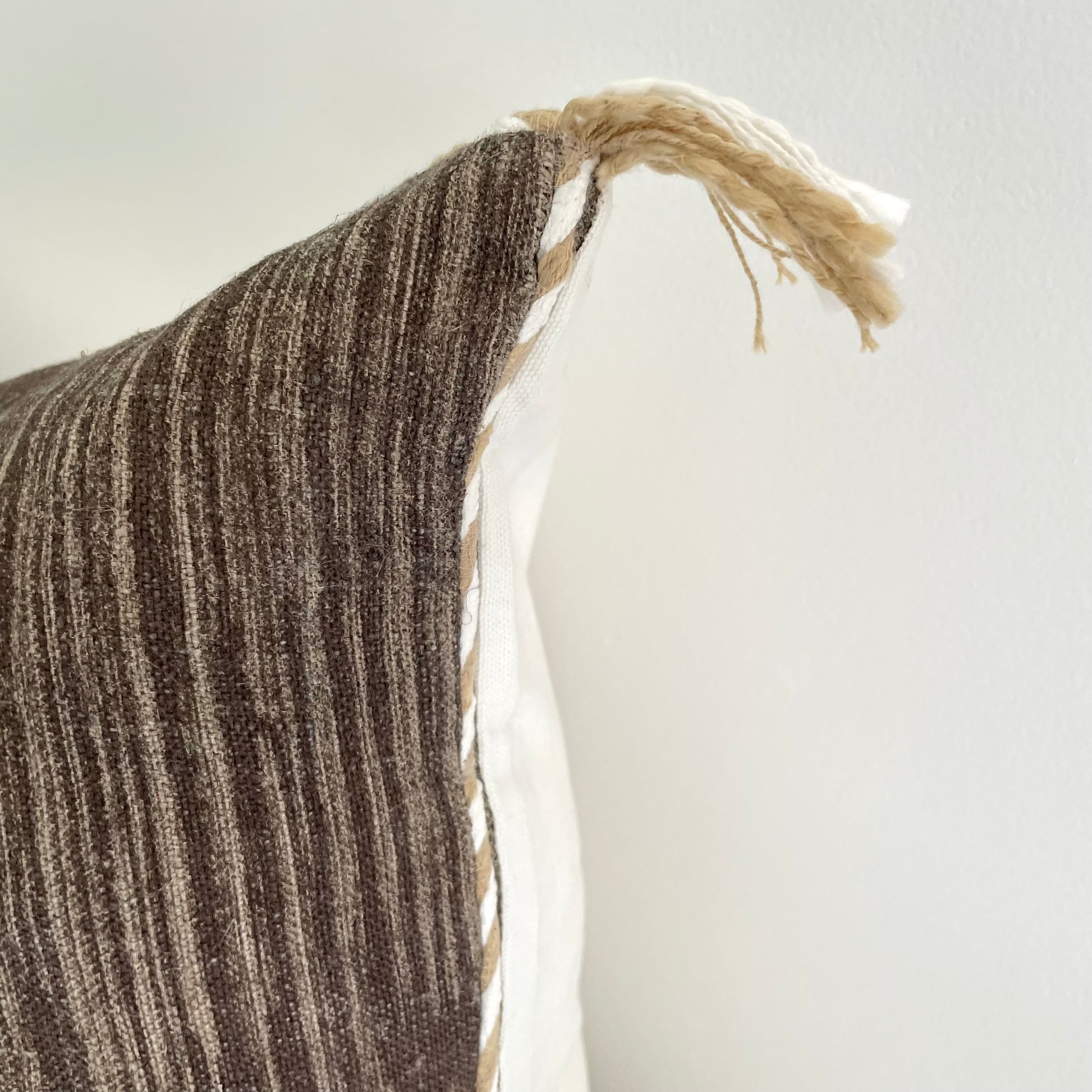 chocolate brown linen 18x18 square pillow cover with striped edging and tassels