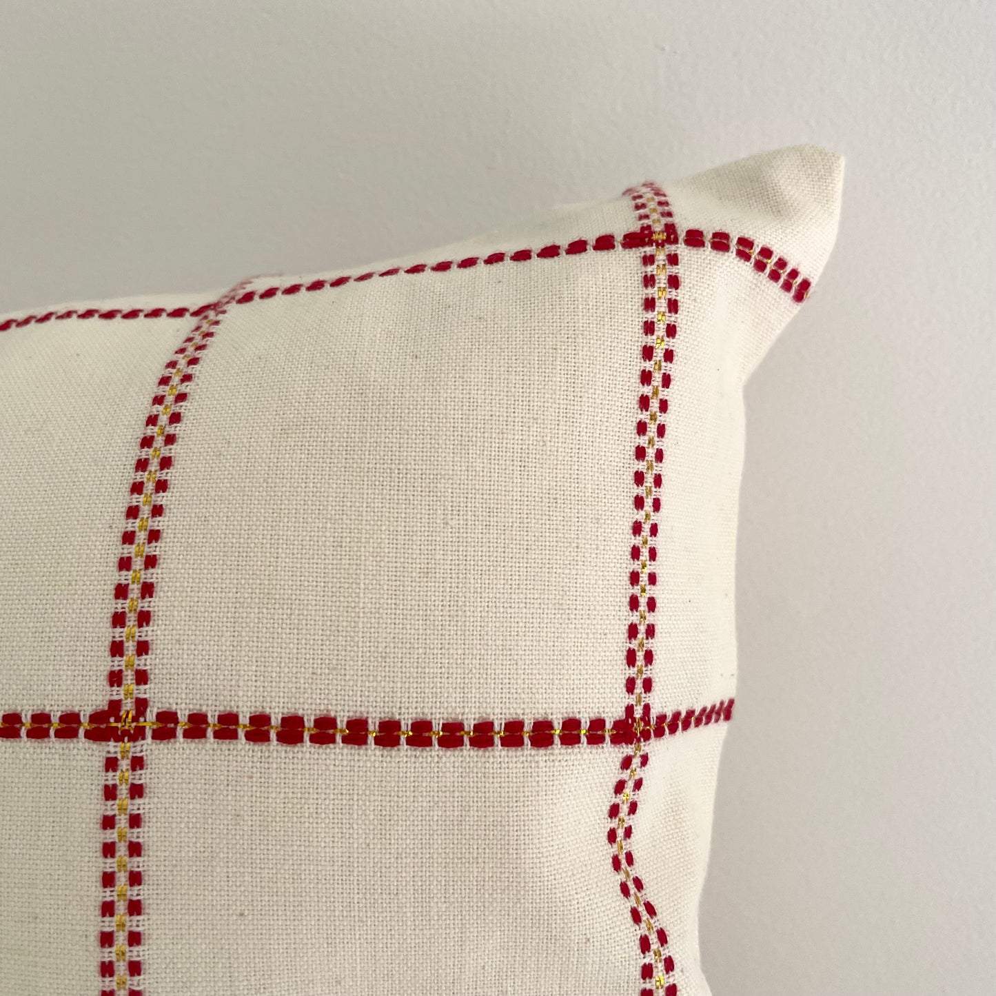 red and cream woven grid 18 inch square pillow cover with gold thread for Christmas decor