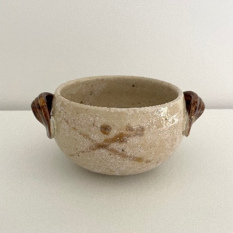 handmade Japanese pottery neutral white tan and light blue soup bowls with handles