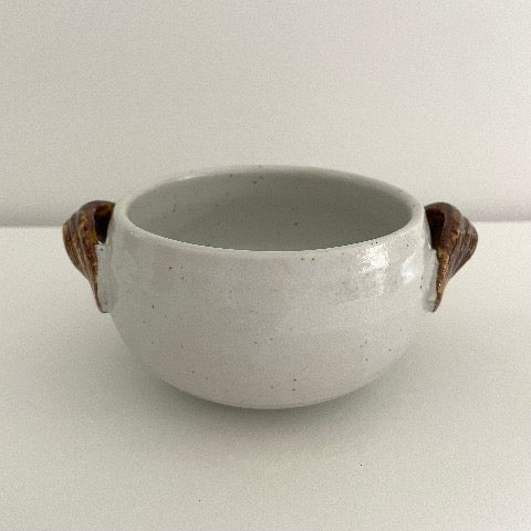 handmade Japanese pottery neutral white tan and light blue soup bowls with handles
