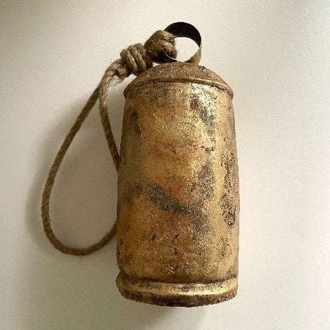 8 inch tin bell with brass finish wood striker and jute hanger