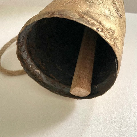 8 inch tin bell with brass finish wood striker and jute hanger