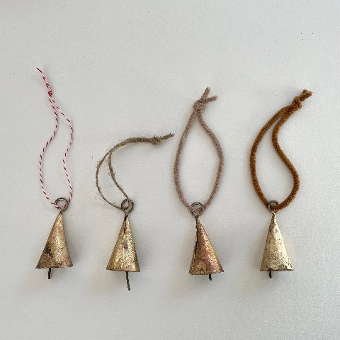 2 inch cone shaped tin bells with brass finish strung on suede jute and twine for ornaments