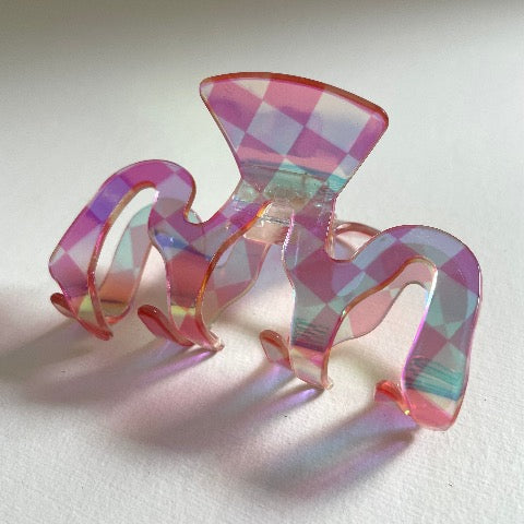 rainbow check clear pink shimmer wave hair claw