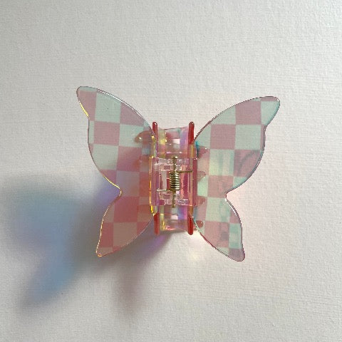 rainbow check clear pink shimmer butterfly hair claw