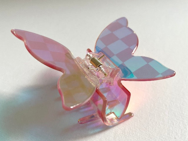 rainbow check clear pink shimmer butterfly hair claw