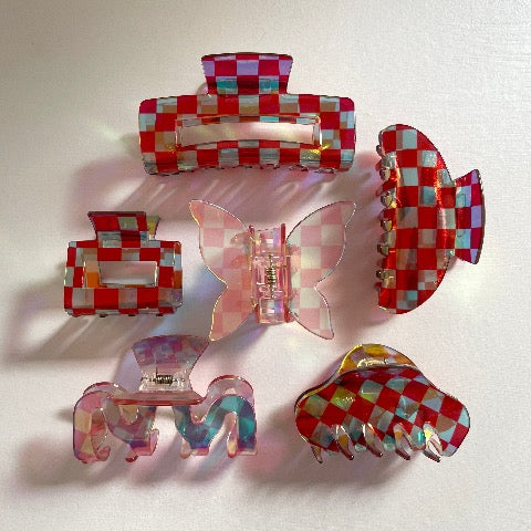 check rainbow clear pink and red shimmer acetate hair claw clips