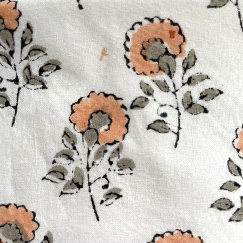 neutral peach and greenish grey floral buds block printed 100 percent cotton 18x18 square pillow cover