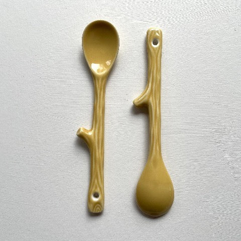 small yellow Japanese twig shaped pottery coffee and tea spoons