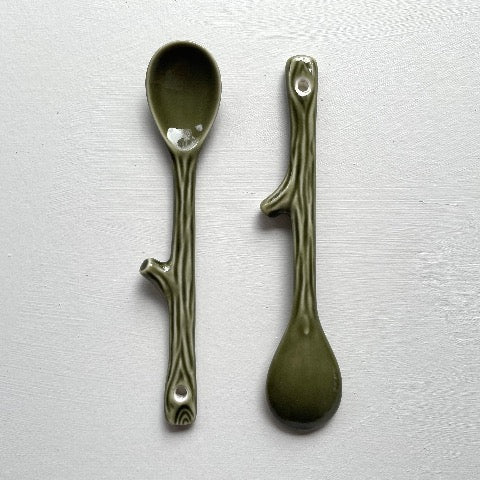 small green Japanese twig shaped pottery coffee and tea spoons