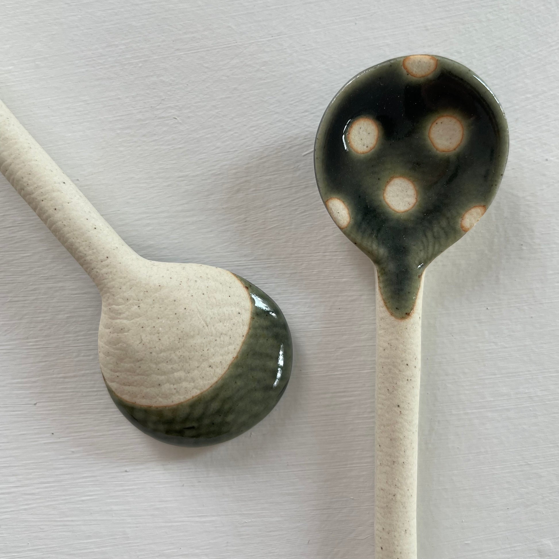 hunter green and cream polka dot handmade Japanese ceramic pottery tea or coffee spoons