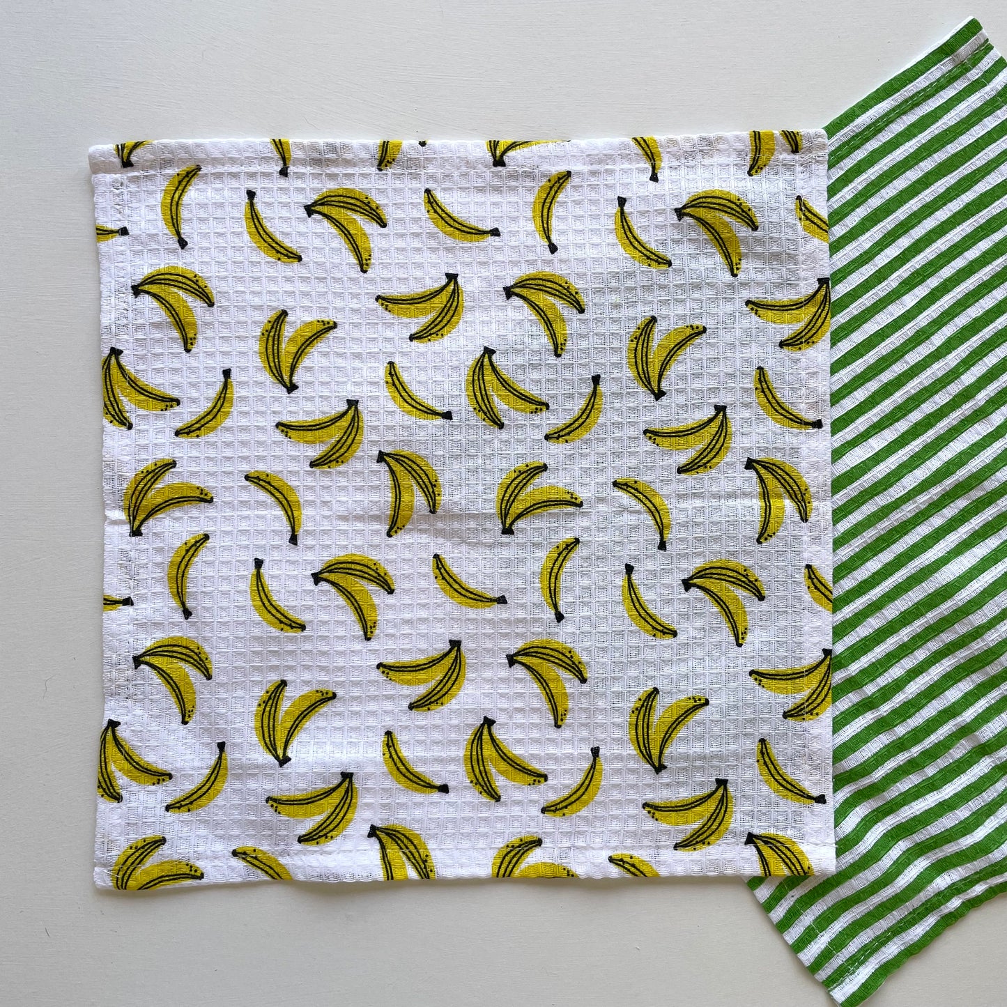 100 percent cotton yellow banana and green stripe fruit print set of 2 kitchen dishcloths