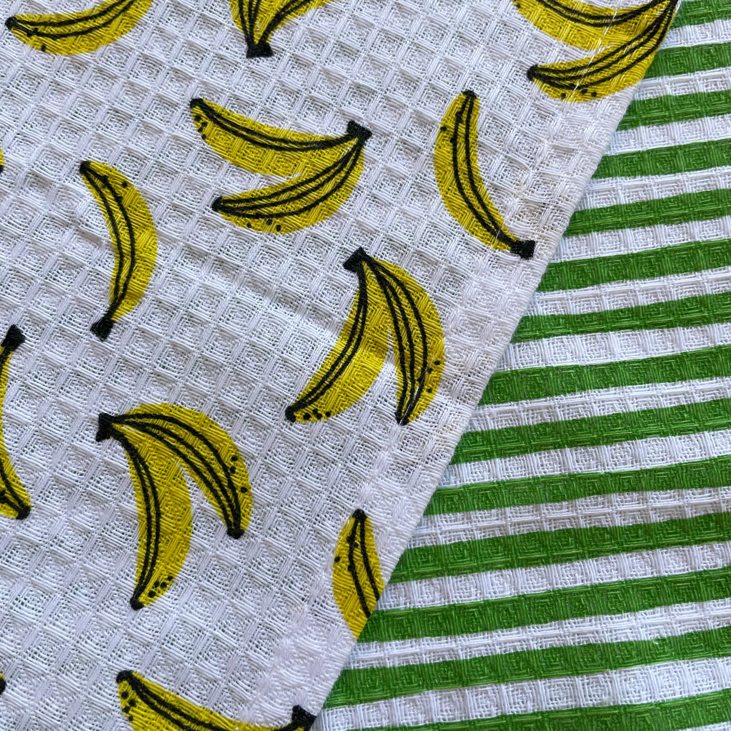 100 percent cotton yellow banana and green stripe fruit print set of 2 kitchen dishcloths