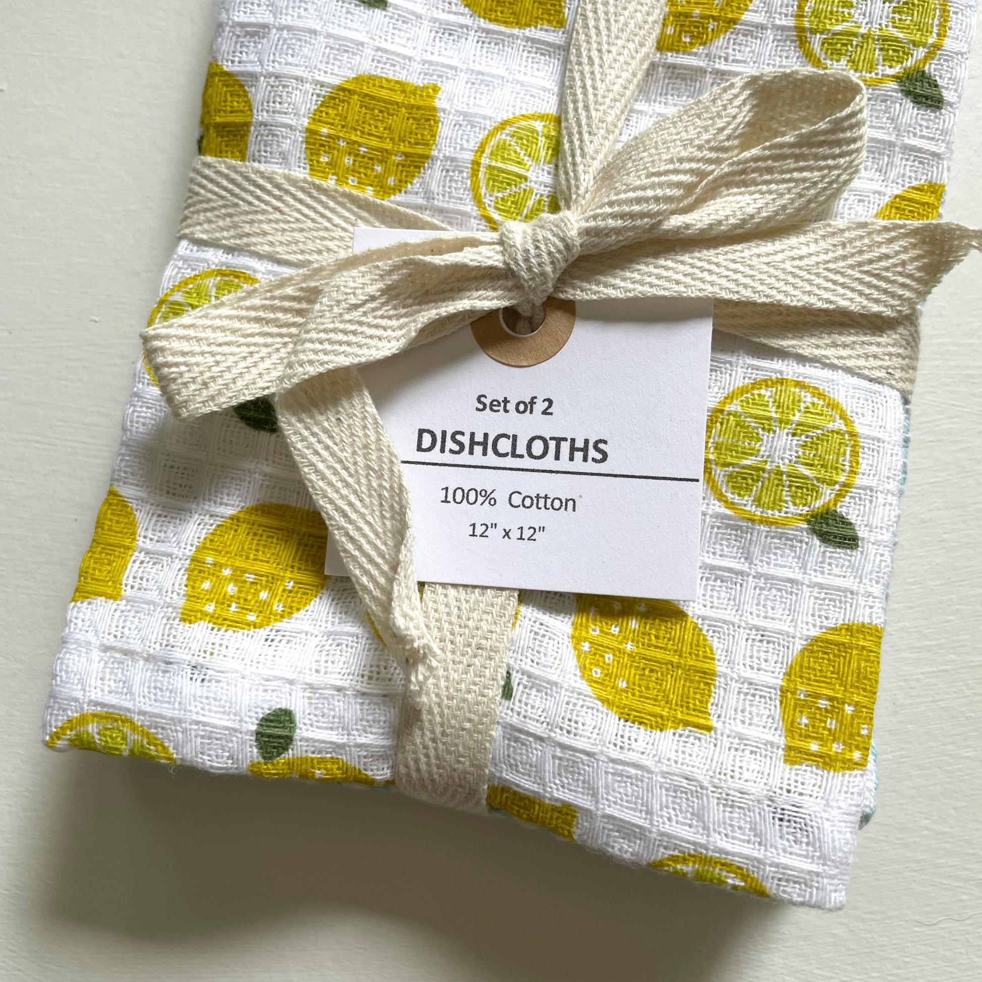 100 percent cotton yellow lemon and blue check fruit print set of 2 kitchen dishcloths