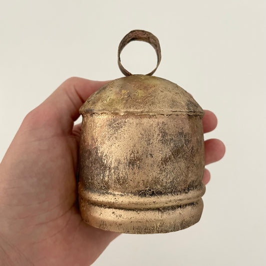 4" x 3" chunky tin bell with brass finish and wood striker made in India