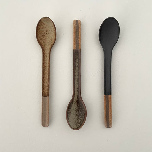 beige green and black handmade color-blocked Japanese ceramic pottery coffee spoons