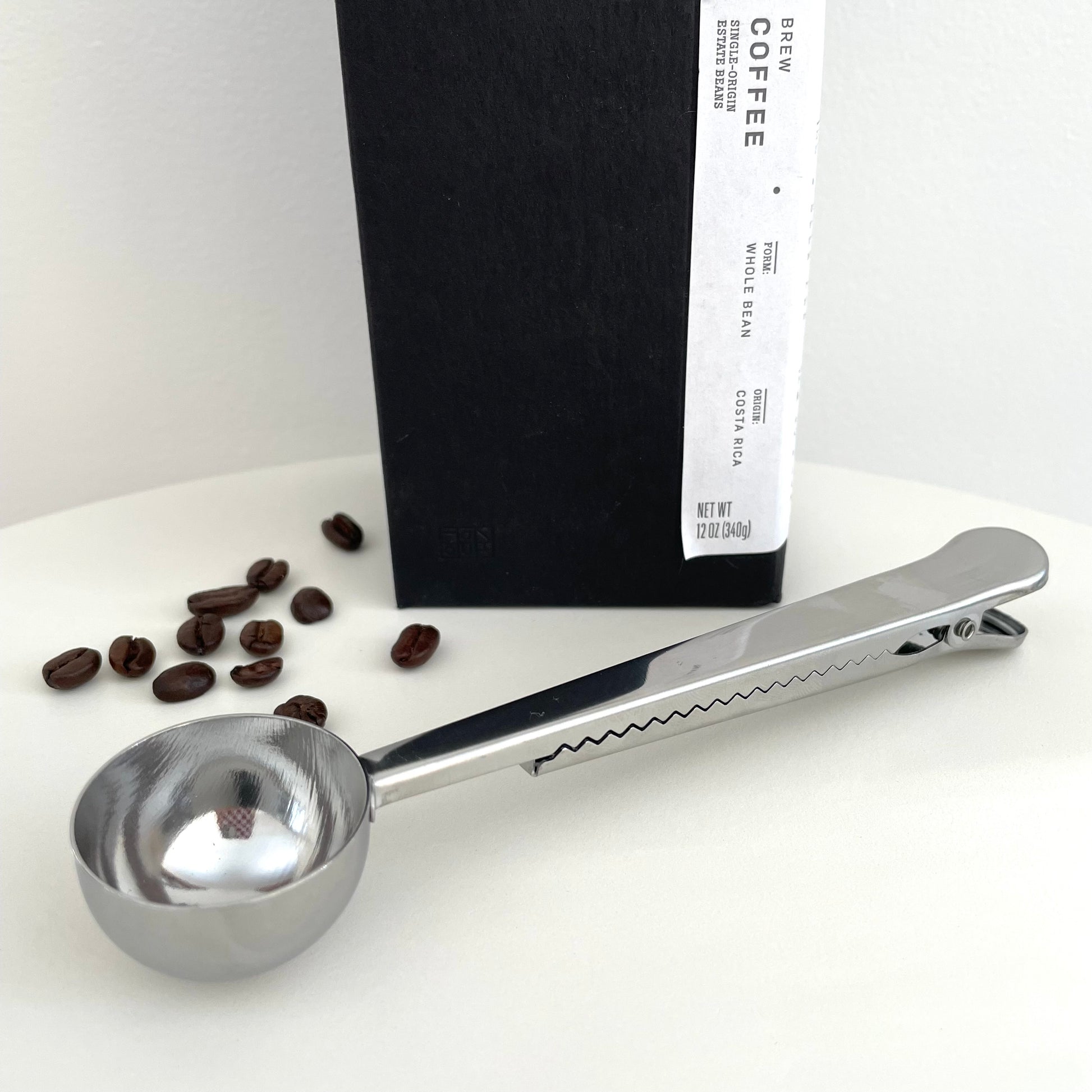 silver stainless steel metal coffee scoop with clip 