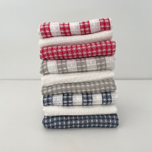 red, navy blue, grey, and white 100 percent cotton waffle weave square dishcloths set of 3