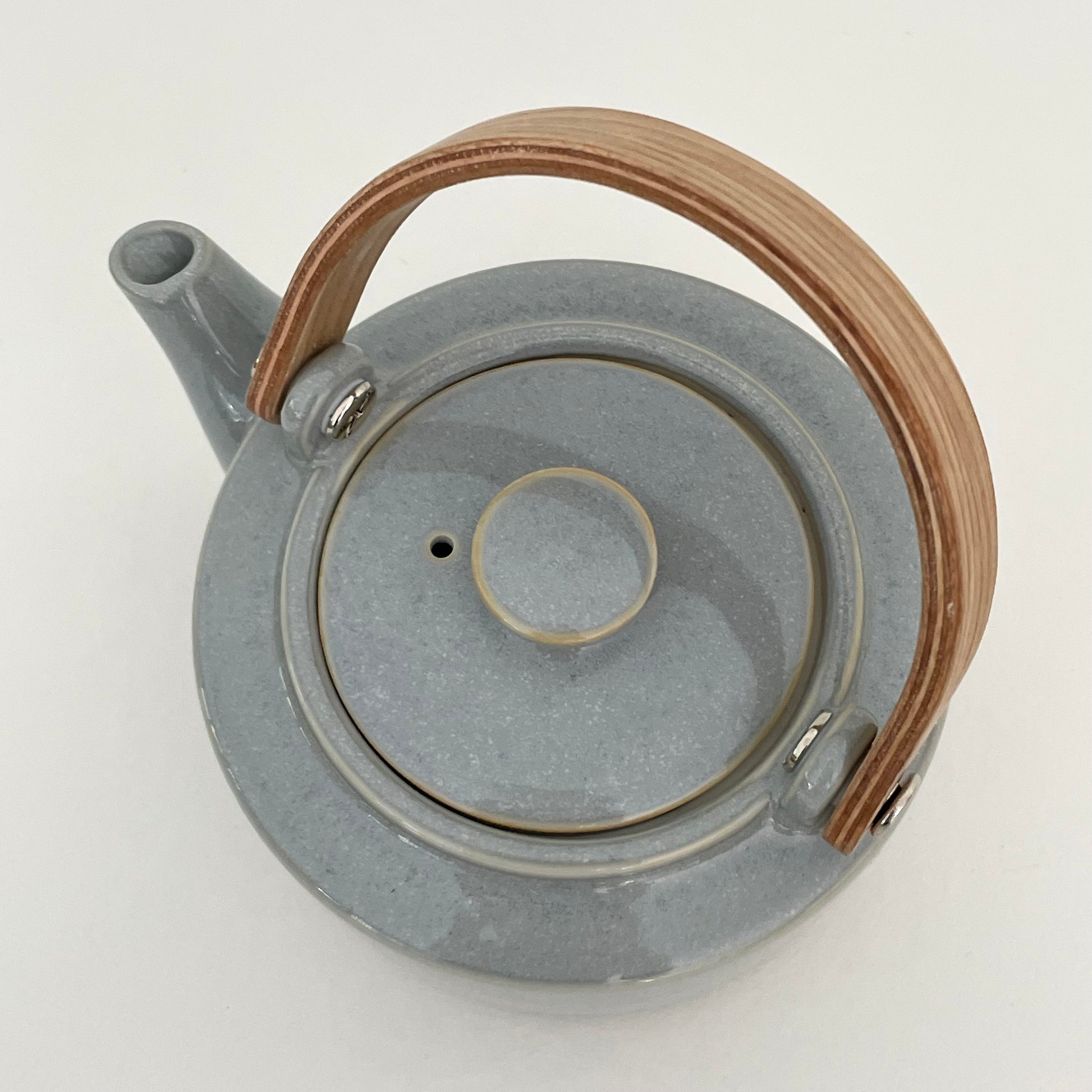 grayish blue handmade ceramic Japanese 1-2 cup teapot with bent wood handle and metal strainer