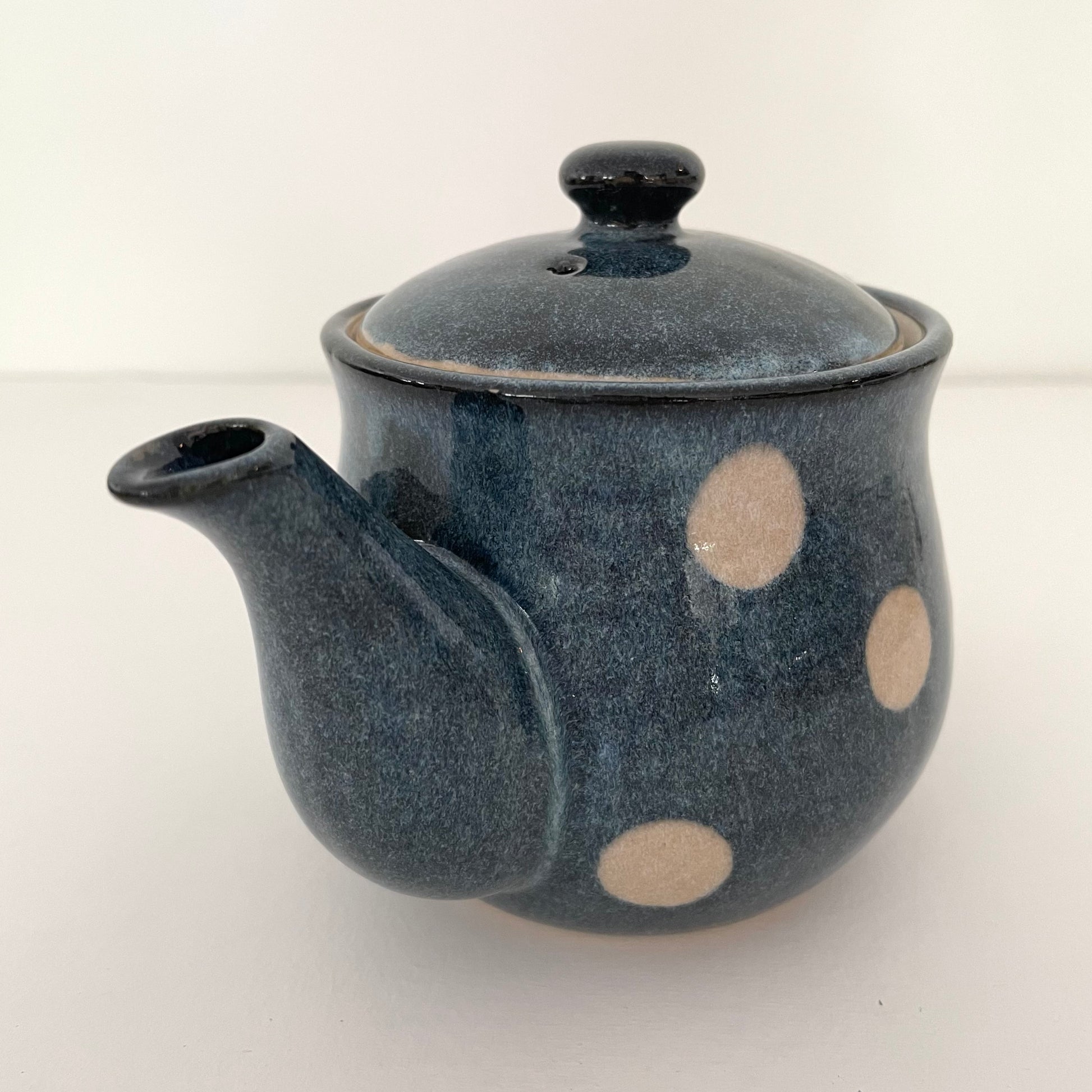 whimsical blue and white polka dot ceramic Japanese handmade teapot with metal strainer