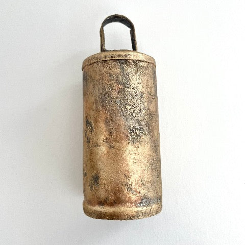 5 1/2" inch rustic flat top tin bell with brass finish and a metal striker for an old world holiday decor