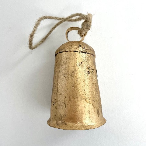 4 inch rustic tin flared cow bell with brass finish and wood striker for an old world holiday decor