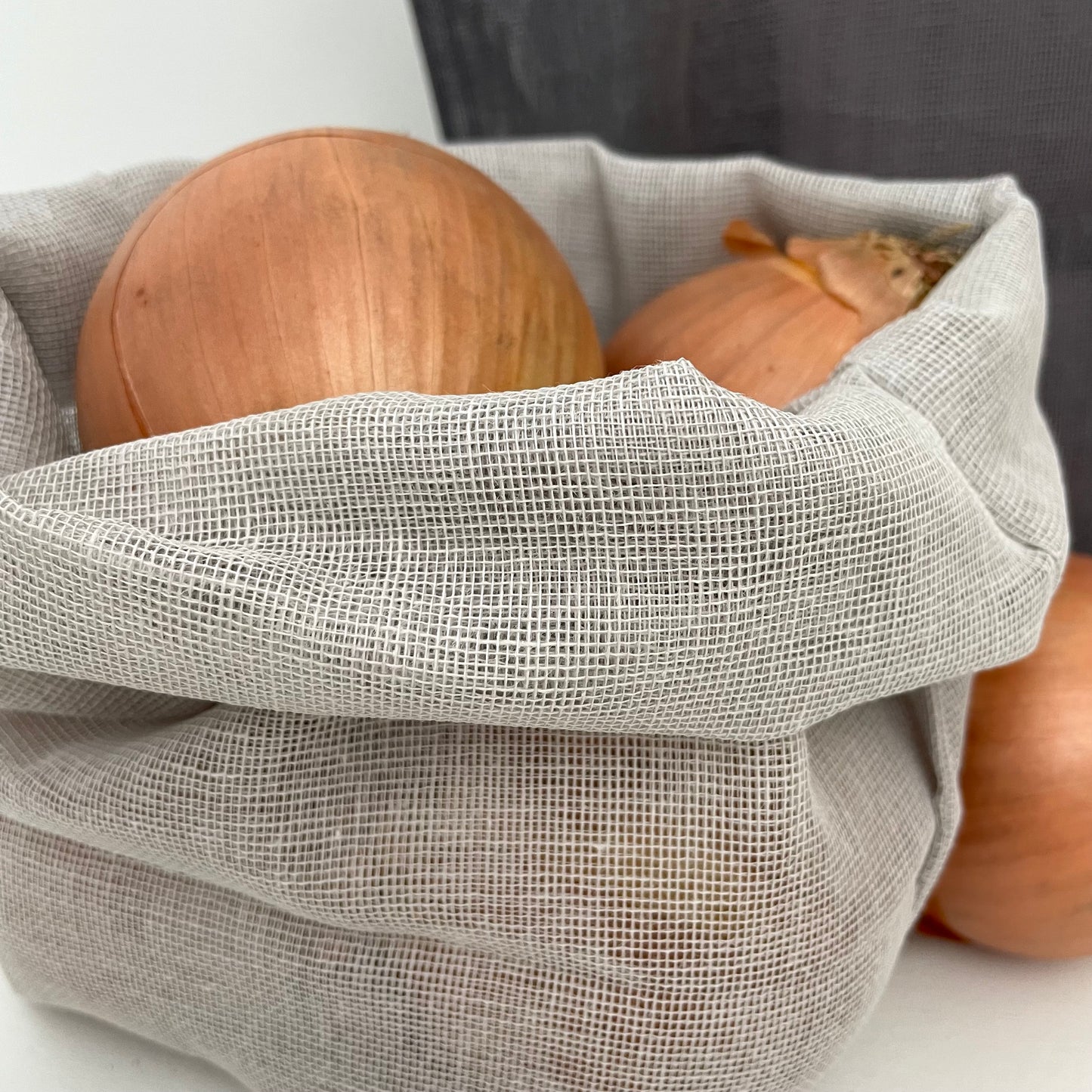 large grey 100% cotton gauze net eco kitchen storage bags w/ tie