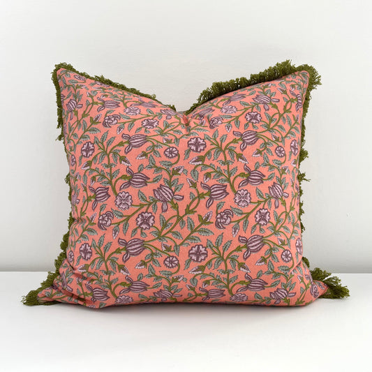 pink floral 18 inch square pillow cover with green fringe 