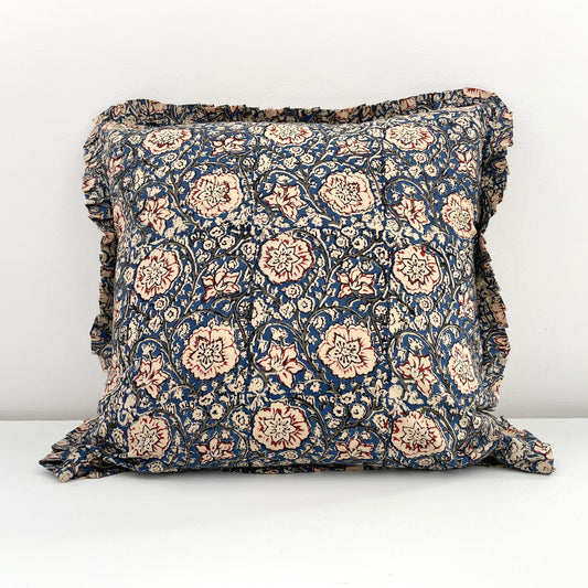 blue and red floral 100 percent cotton 18 x 18 square pillow cover with ruffled edge