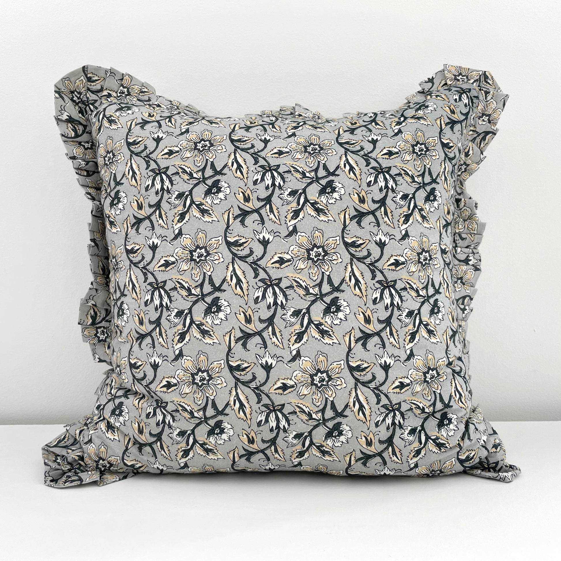 grey and blue vintage floral 18x18 square 100 percent cotton pillow cover with ruffled edges