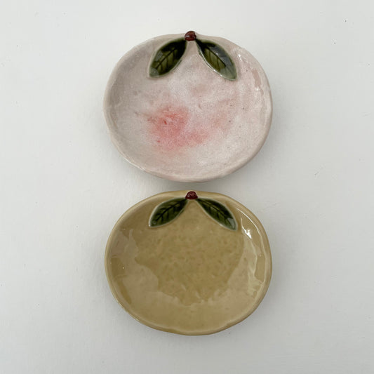 handmade Japanese ceramic mini pink and yellow yuzu shaped fruit dishes