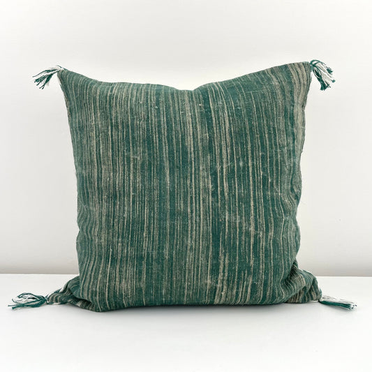 forest green linen 18x18 square pillow cover with striped edging and tassels