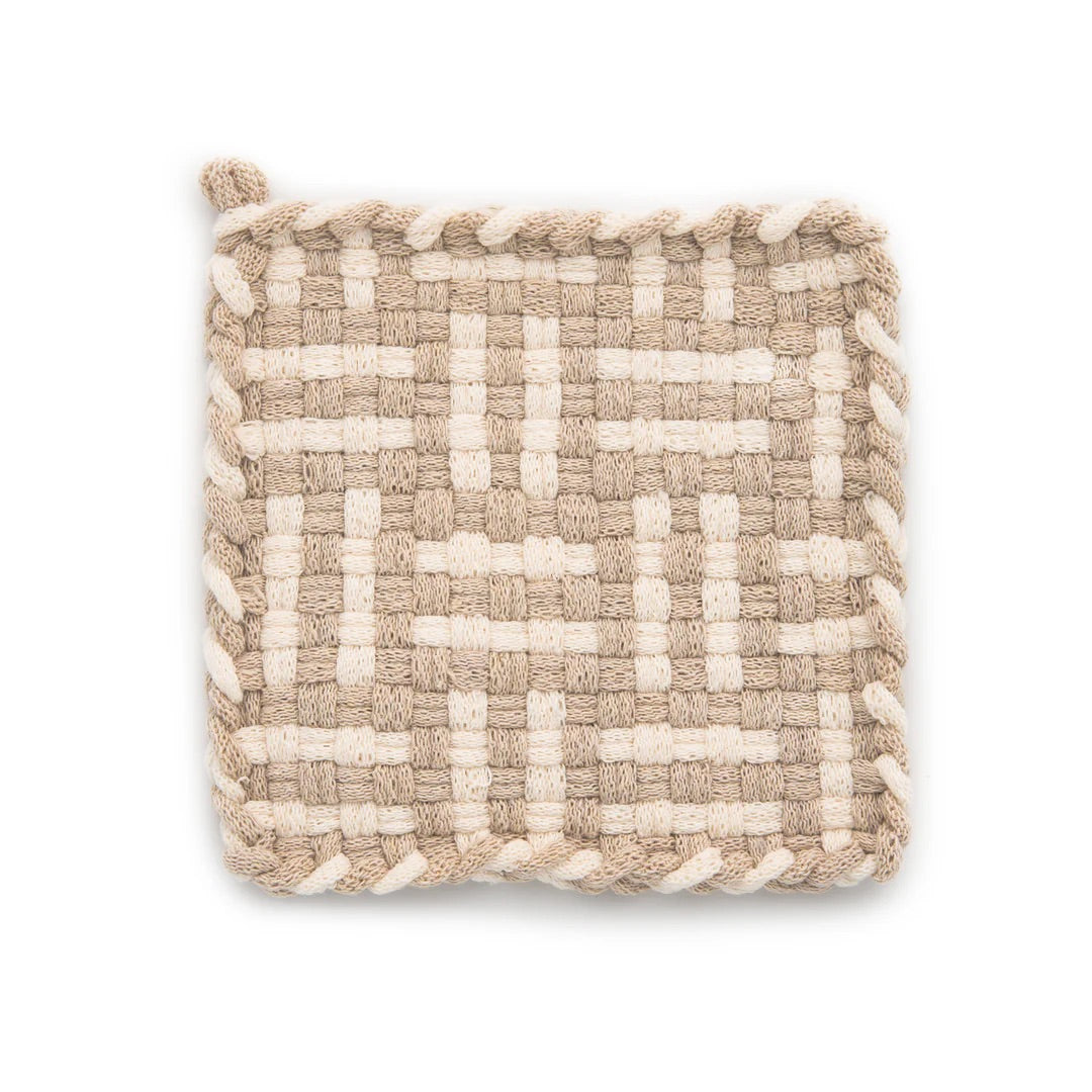 tan and cream handmade 100 percent cotton geometric woven potholder or trivet for a farmhouse kitchen