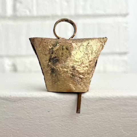 trapezoid shaped tin bell with brass finish and metal striker