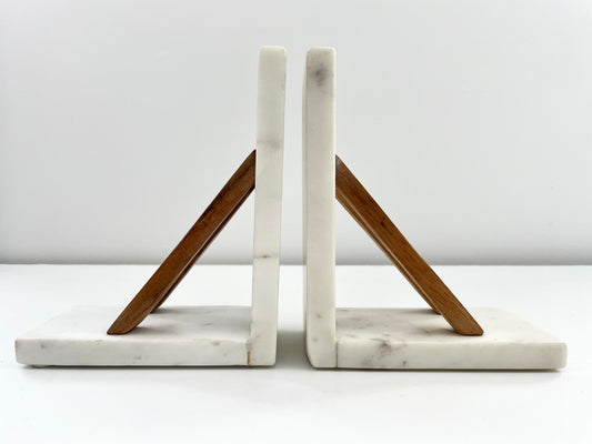 white marble and acacia wood minimal book ends