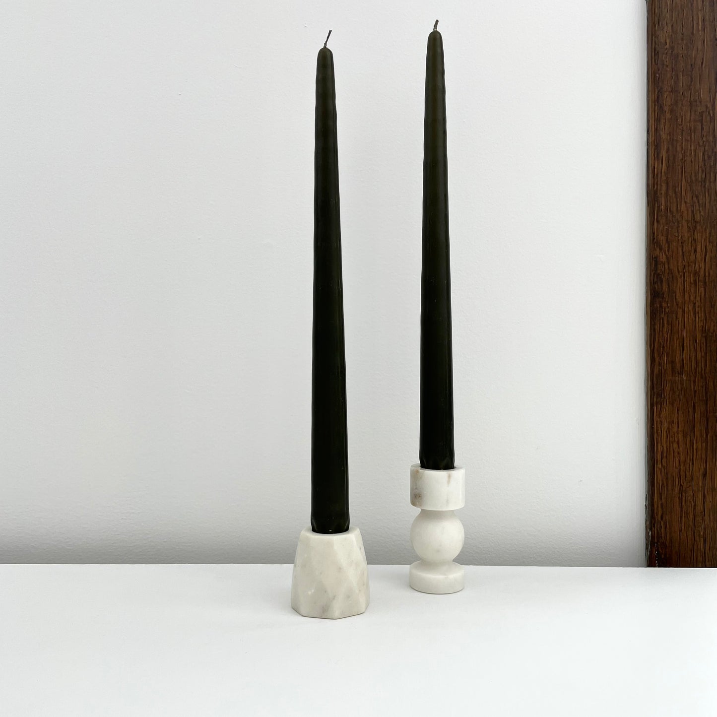 white stone hand turned bulbous taper candle holders